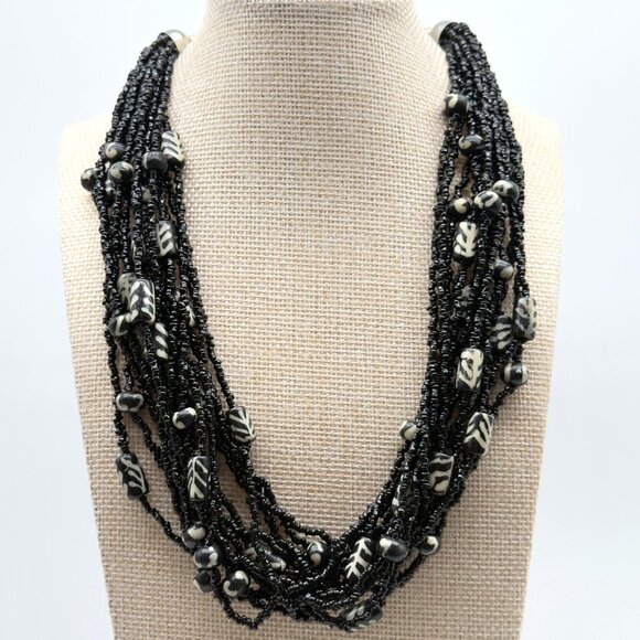 Vintage Multi-Strand Black Seed Beaded Necklace With Tribal Patterned Beads - Picture 1 of 9